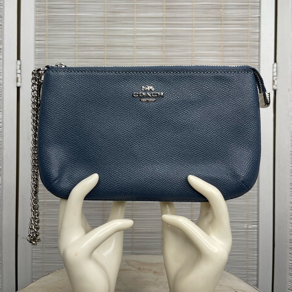 Coach Blue Crossgrain Leather Chain Wristlet Clutch Silver Hardware NWT